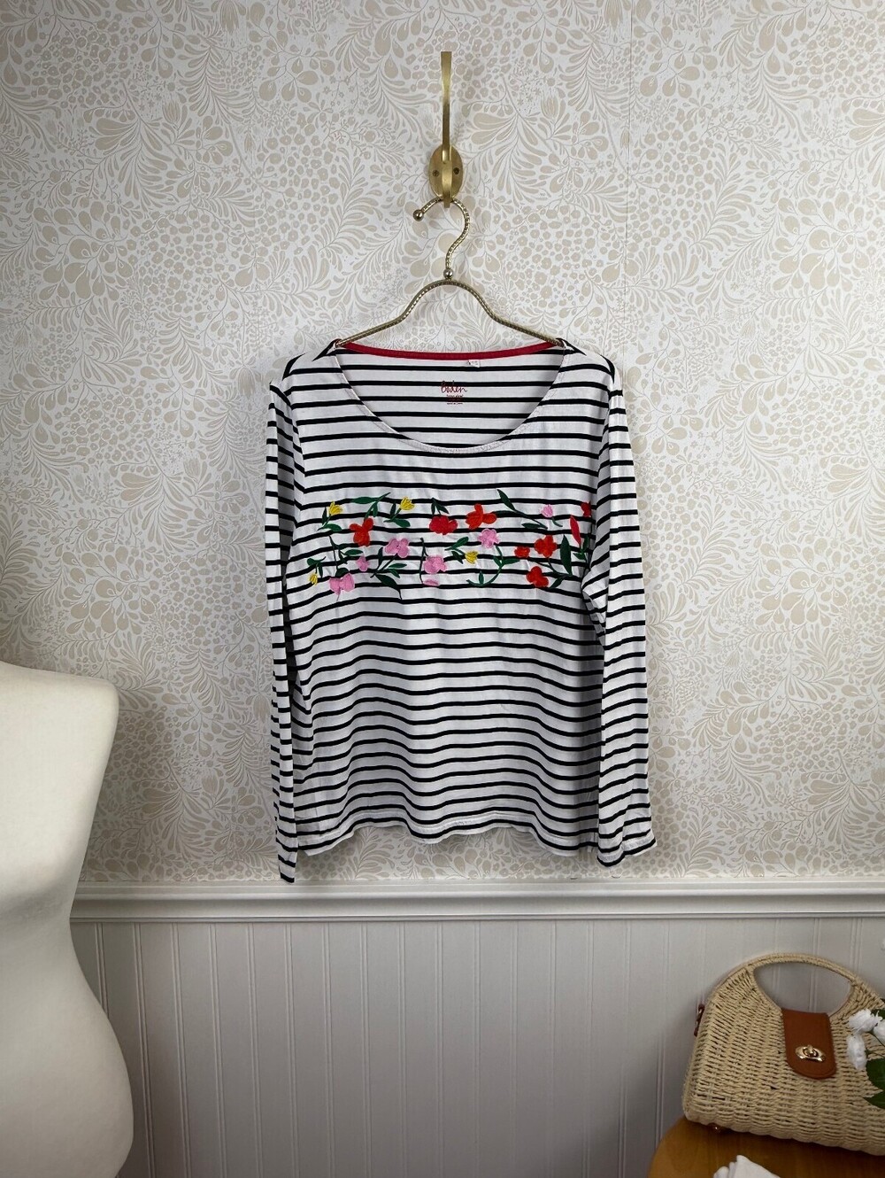 BODEN White & Navy Embroidered Floral Breton Stripe Long-Sleeve Tee - Size - 16